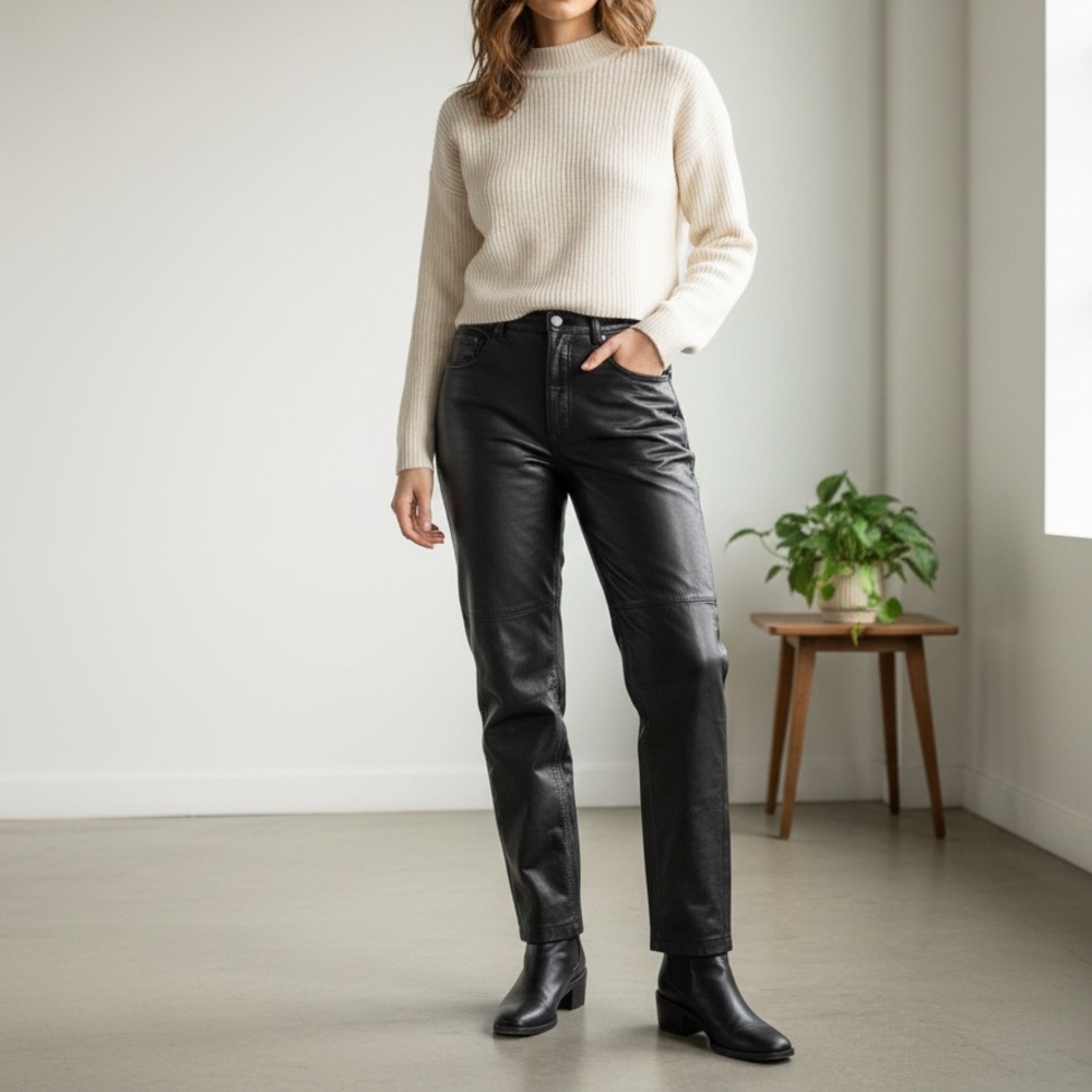 Vintage Sz 27 Genuine Leather Made In Canada Straight Leg Black Pants